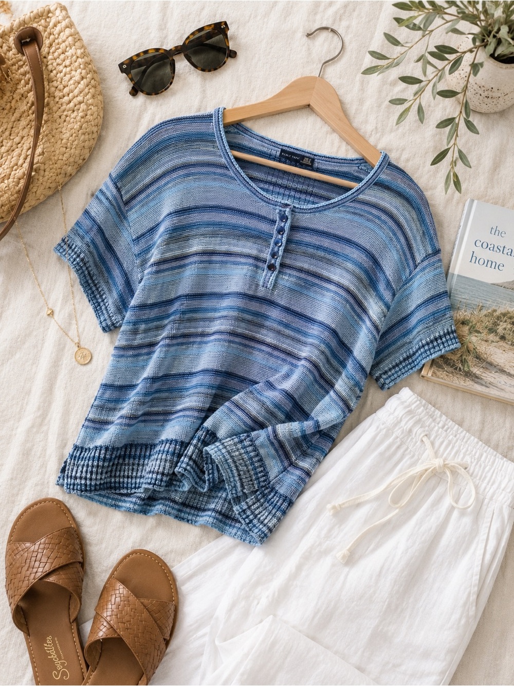 Coastal Blue Stripe Short Sleeve Knit Henley Sweater Black Tape